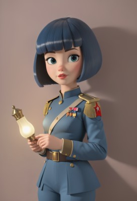 1girl,solo,breasts,looking at viewer,smile,short hair,bangs,blue eyes,black hair,long sleeves,holding,blue hair,standing,jacket,cowboy shot,small breasts,belt,pants,blunt bangs,uniform,lips,military,military uniform,shadow,bob cut,blue jacket,freckles,brown background,epaulettes,blue pants,light bulb,simple background,parted lips,eyelashes,red lips