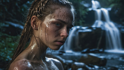 1girl, solo, long hair, looking at viewer, blue eyes, brown hair, closed mouth, outdoors, water, blurry, lips, wet, depth of field, blurry background, portrait, realistic, nose, wet hair, waterfall