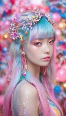 1girl,solo,long hair,breasts,looking at viewer,bangs,hair ornament,dress,bare shoulders,jewelry,closed mouth,blue hair,upper body,pink hair,flower,multicolored hair,earrings,sleeveless,artist name,hair flower,blunt bangs,blurry,from side,two-tone hair,lips,looking to the side,eyelashes,aqua hair,gradient hair,makeup,depth of field,blurry background,watermark,lipstick,gem,web address,eyeshadow,beads,pink lips,realistic,nose,eyeliner,colorful,mascara,pearl (gemstone),black eyes,grey eyes,bokeh