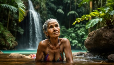 HQ,1girl,solo,breasts,looking at viewer,short hair,large breasts,cleavage,medium breasts,collarbone,swimsuit,upper body,white hair,grey hair,bikini,outdoors,day,dark skin,water,blurry,dark-skinned female,tree,lips,wet,blurry background,plant,nature,forest,partially submerged,red bikini,innertube,rock,realistic,nose,old,waterfall,old woman,wrinkled skin,blue eyes,hat,bare shoulders,depth of field,leaf,looking away,bikini top only,headwear removed,hat removed