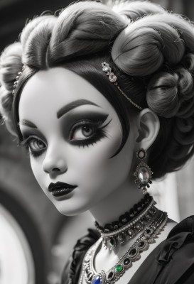 1girl,solo,looking at viewer,short hair,hair ornament,dress,jewelry,closed mouth,monochrome,braid,greyscale,earrings,choker,artist name,necklace,hair bun,blurry,lips,eyelashes,double bun,makeup,depth of field,blurry background,thick eyebrows,lipstick,gem,portrait,forehead,eyeshadow,spot color,nose,eyeliner,mascara,black lips,parted lips,feathers,lace,realistic,braided bun,updo,lace choker