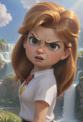 1girl,solo,long hair,breasts,looking at viewer,open mouth,skirt,brown hair,shirt,brown eyes,school uniform,green eyes,white shirt,upper body,short sleeves,small breasts,outdoors,sky,teeth,day,collared shirt,artist name,cloud,water,blue sky,lips,blue skirt,watermark,grass,web address,angry,freckles,realistic,nose,female child,annoyed,waterfall,blush,aged down