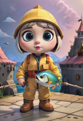 1girl,solo,looking at viewer,short hair,blue eyes,shirt,long sleeves,hat,holding,closed mouth,standing,jacket,full body,weapon,white hair,grey hair,boots,outdoors,sky,day,belt,pants,artist name,cloud,water,blurry,blue sky,animal,parody,brown footwear,helmet,building,child,fish,female child,holding animal,yellow headwear,fishing rod,brown hair,vest,lips,zipper,realistic,jumpsuit