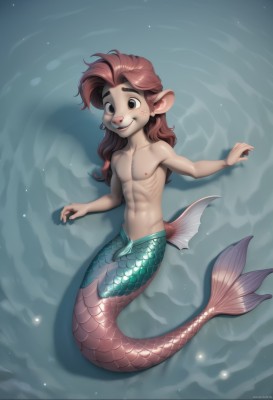 solo,long hair,looking at viewer,smile,brown hair,1boy,navel,animal ears,nipples,full body,male focus,red hair,pointy ears,artist name,black eyes,abs,pectorals,topless male,scales,furry male,male child,head fins,monster boy,fins,blush,open mouth,bangs,brown eyes,jewelry,collarbone,:d,nude,earrings,teeth,water,completely nude,watermark,genderswap,web address,freckles,toned,underwater,genderswap (ftm)