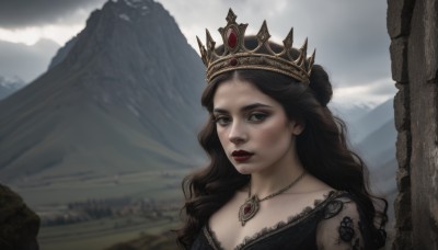 1girl,solo,long hair,looking at viewer,blue eyes,brown hair,black hair,dress,jewelry,collarbone,upper body,outdoors,sky,day,cloud,necklace,hair bun,black dress,lips,tattoo,makeup,wavy hair,cloudy sky,tiara,crown,lipstick,portrait,mountain,red lips,grey sky,earrings,wings,gem,scenery,lace,realistic