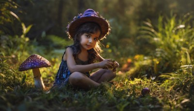 1girl,solo,long hair,looking at viewer,smile,bangs,blue eyes,brown hair,black hair,hat,dress,holding,bare shoulders,sitting,closed mouth,flower,outdoors,sleeveless,day,artist name,blurry,tree,lips,bare arms,witch hat,sleeveless dress,depth of field,blurry background,blue dress,sunlight,grass,bug,plant,nature,backlighting,sun hat,realistic,straw hat,hat flower,indian style,mushroom,black eyes,squatting