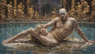 solo,looking at viewer,short hair,1boy,holding,sitting,nipples,full body,weapon,white hair,male focus,nude,lying,multiple boys,barefoot,water,wet,completely nude,muscular,facial hair,arm support,scar,abs,helmet,pectorals,muscular male,beard,6+boys,realistic,mustache,pool,old,old man,statue,fine art parody,scar on leg,underwear,on side,topless male,reclining