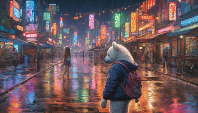 1girl, long hair, jacket, outdoors, bag, dutch angle, night, backpack, ground vehicle, scenery, furry, reflection, walking, rain, city, sign, road, street, bicycle, neon lights, pavement, crosswalk, vanishing point