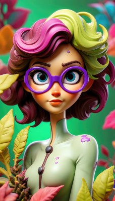 1girl,solo,breasts,looking at viewer,smile,short hair,blue eyes,blonde hair,brown hair,closed mouth,upper body,pink hair,flower,multicolored hair,small breasts,glasses,artist name,blurry,two-tone hair,lips,petals,eyelashes,bodysuit,makeup,turtleneck,leaf,plant,lipstick,eyeshadow,zipper,freckles,green background,curly hair,nose,green bodysuit,green hair,purple-framed eyewear