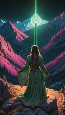 1girl,solo,long hair,brown hair,long sleeves,dress,jewelry,standing,weapon,braid,outdoors,sky,sword,wide sleeves,from behind,tree,night,glowing,star (sky),nature,night sky,scenery,starry sky,green dress,robe,rock,mountain,mountainous horizon,hair ornament,holding,full body,brown footwear,gem,facing away,planted,planted sword