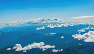 monochrome,outdoors,sky,day,cloud,blue sky,no humans,ocean,cloudy sky,nature,scenery,blue theme,mountain,horizon,landscape,mountainous horizon,above clouds,water,tree,forest,aircraft,watercraft,hill,island