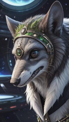 solo,1boy,jewelry,closed mouth,male focus,necklace,no humans,animal,fangs,cat,gem,portrait,furry,space,furry male,animal focus,planet,whiskers,clothed animal,blue eyes,animal ears,green eyes,teeth,fang,blurry,realistic,earth (planet)