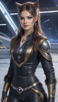 1girl,solo,long hair,breasts,looking at viewer,brown hair,gloves,animal ears,brown eyes,jewelry,medium breasts,standing,cowboy shot,belt,cat ears,necklace,armor,lips,fur trim,bodysuit,gem,pendant,realistic,nose,black bodysuit,space,earrings,signature,shoulder armor,extra ears,science fiction