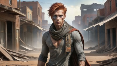 HQ,solo,looking at viewer,blue eyes,brown hair,shirt,1boy,upper body,male focus,red hair,outdoors,sky,day,scarf,cape,orange hair,torn clothes,blood,facial hair,scar,building,scar on face,injury,city,realistic,manly,ruins,badge,dirty,short hair,vest,lips,pectorals,beard,stubble