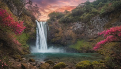 outdoors, sky, cloud, water, tree, no humans, nature, scenery, rock, mountain, river, waterfall, landscape