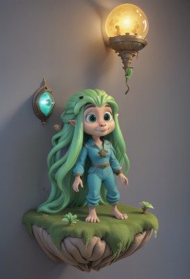 1girl,solo,long hair,smile,blue eyes,hair ornament,very long hair,green eyes,standing,full body,flower,green hair,barefoot,pointy ears,belt,grey background,grass,light,lamp,mushroom,jumpsuit,long sleeves,pants,leaf,blue shirt,plant,floating,faux figurine