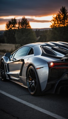 outdoors,sky,cloud,blurry,tree,no humans,ground vehicle,motor vehicle,sunset,car,road,vehicle focus,sports car,solo,nature,forest,evening,wheel