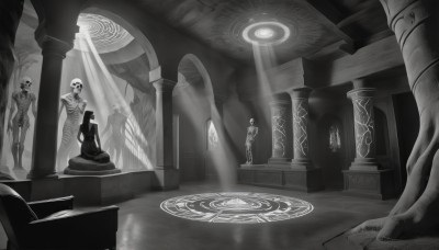 standing,monochrome,greyscale,indoors,no humans,sunlight,scenery,robe,light rays,magic circle,sunbeam,multiple others,pillar,statue,column,1girl,sitting,multiple boys,glowing,skull,skeleton