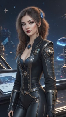 1girl,solo,long hair,breasts,looking at viewer,brown hair,hair ornament,gloves,cleavage,brown eyes,jewelry,medium breasts,standing,jacket,cowboy shot,earrings,parted lips,sky,black gloves,belt,pants,fingerless gloves,necklace,lips,bodysuit,makeup,night,lipstick,gem,star (sky),night sky,pendant,starry sky,science fiction,realistic,aircraft,nose,black bodysuit,red lips,leather,spacecraft,zipper