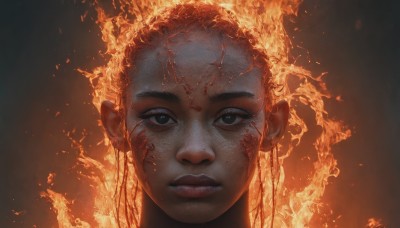 1girl,solo,looking at viewer,short hair,red hair,parted lips,teeth,dark skin,black eyes,dark-skinned female,lips,blood,makeup,facial mark,fire,portrait,freckles,blood on face,realistic,straight-on,burning,closed mouth,eyelashes,fiery hair