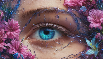 solo, looking at viewer, blue eyes, flower, water, eyelashes, close-up, pink flower, blue flower, water drop, realistic, purple flower, eye focus