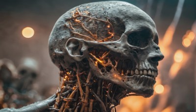 solo,teeth,blurry,from side,no humans,blurry background,glowing,moon,fire,robot,1other,full moon,science fiction,skull,realistic,skeleton,damaged,profile,depth of field,smoke,planet