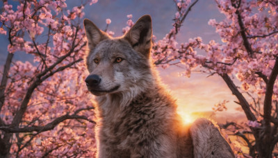 outdoors, sky, tree, blue sky, no humans, animal, cherry blossoms, sunset, realistic, sun, branch, animal focus, twilight, gradient sky, sunrise, spring (season)