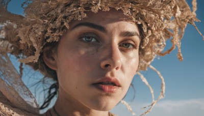 1girl,solo,looking at viewer,blue eyes,brown hair,black hair,hat,brown eyes,outdoors,parted lips,sky,day,cloud,mole,blurry,blue sky,lips,grey eyes,blurry background,thick eyebrows,portrait,freckles,realistic,nose,brown headwear,straw hat,mole above mouth,mole on cheek,long hair,teeth,choker,eyelashes,wind,close-up