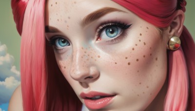 1girl,solo,long hair,looking at viewer,blue eyes,jewelry,pink hair,red hair,multicolored hair,earrings,parted lips,sky,teeth,day,cloud,blue sky,lips,eyelashes,makeup,watermark,portrait,close-up,freckles,realistic,nose,artist name,lipstick,web address