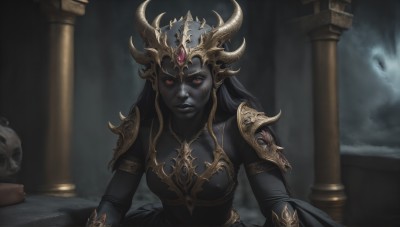 HQ,1girl,solo,long hair,breasts,looking at viewer,black hair,red eyes,long sleeves,dress,jewelry,medium breasts,closed mouth,upper body,horns,solo focus,armor,black dress,lips,makeup,colored skin,crown,shoulder armor,gem,glowing eyes,colored sclera,pauldrons,skull,gold trim,black sclera,grey skin,pillar,throne,black lips,cleavage,parted lips,pointy ears,elf,blue skin,black skin,undead