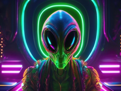 solo,looking at viewer,1boy,jacket,upper body,male focus,open clothes,open jacket,glowing,1other,science fiction,green skin,alien,colorful,cyberpunk,neon lights,1girl,teeth,helmet,monster