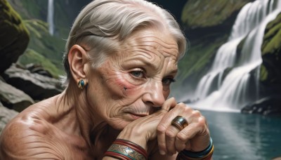 solo,looking at viewer,short hair,1boy,jewelry,closed mouth,white hair,grey hair,male focus,earrings,water,blurry,bracelet,grey eyes,scar,piercing,ring,own hands together,portrait,realistic,own hands clasped,old,old man,waterfall,old woman,wrinkled skin,upper body,lips,tattoo