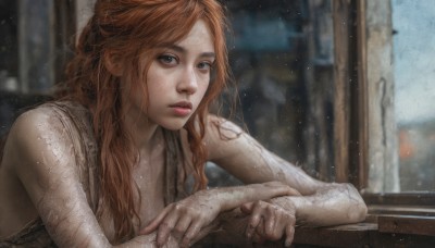 1girl,solo,long hair,breasts,looking at viewer,brown hair,cleavage,bare shoulders,brown eyes,upper body,red hair,parted lips,indoors,orange hair,blurry,lips,fingernails,wet,window,blurry background,tank top,freckles,rain,realistic,wet hair,body freckles,bangs