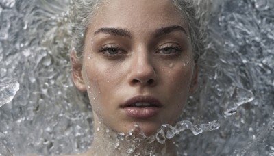 1girl,solo,looking at viewer,short hair,open mouth,1boy,grey hair,male focus,parted lips,teeth,water,black eyes,lips,wet,grey eyes,portrait,close-up,partially submerged,bubble,water drop,realistic,nose,white hair,eyelashes,floating hair