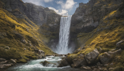 outdoors, sky, day, cloud, water, blue sky, no humans, nature, scenery, rock, mountain, river, waterfall, landscape, cliff