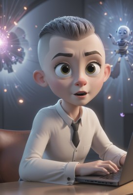 1girl,solo,looking at viewer,short hair,open mouth,shirt,black hair,long sleeves,1boy,brown eyes,sitting,white shirt,grey hair,male focus,parted lips,necktie,teeth,collared shirt,indoors,robot,child,black necktie,freckles,computer,male child,laptop,yellow eyes,upper body,heart,multiple boys,artist name,2boys,watermark,web address,realistic,fireworks