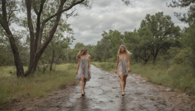 long hair,breasts,short hair,multiple girls,blonde hair,brown hair,dress,holding,2girls,jacket,outdoors,sky,day,cloud,bag,white dress,tree,sleeveless dress,holding hands,sandals,cloudy sky,grass,nature,scenery,walking,running,handbag,realistic,sundress,road,1girl,hat,see-through,path