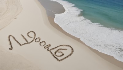 solo,monochrome,outdoors,water,dated,english text,no humans,ocean,beach,sand,waves,shore,footprints,1girl,close-up