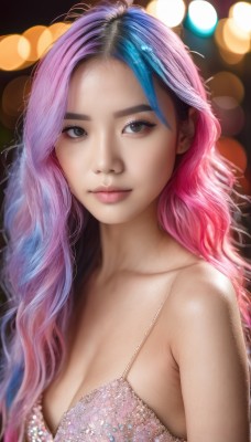 1girl,solo,long hair,breasts,looking at viewer,cleavage,bare shoulders,brown eyes,medium breasts,closed mouth,underwear,blue hair,collarbone,upper body,pink hair,multicolored hair,artist name,bra,blurry,black eyes,two-tone hair,lips,eyelashes,makeup,depth of field,blurry background,lingerie,realistic,nose,bokeh,dress,grey eyes,gradient hair,watermark,wavy hair,web address,forehead