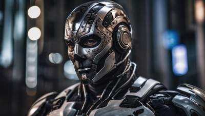 solo,1boy,upper body,male focus,armor,blurry,depth of field,blurry background,helmet,robot,portrait,science fiction,realistic,cyborg,power armor,cyberpunk,looking at viewer,black eyes,mask,close-up