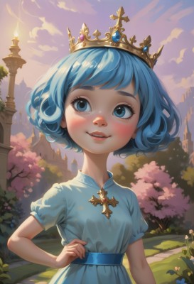 1girl,solo,blush,smile,short hair,bangs,blue eyes,dress,jewelry,blue hair,upper body,flower,short sleeves,outdoors,parted lips,sky,teeth,day,puffy sleeves,artist name,cloud,signature,white dress,tree,puffy short sleeves,lips,hand on hip,looking to the side,eyelashes,blue dress,watermark,looking away,cloudy sky,cross,tiara,crown,building,child,pink flower,freckles,female child,castle,breasts,looking at viewer,open mouth,upper teeth only,grass,gem,nose,bush