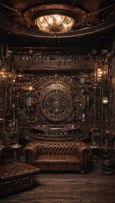 indoors,cup,book,no humans,chair,table,bottle,scenery,couch,wooden floor,stairs,clock,bookshelf,lamp,candle,gears,armchair,brown theme,candlestand,chandelier,steampunk,window,carpet,ceiling light,rug,wooden wall,analog clock