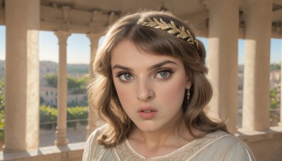 1girl,solo,long hair,looking at viewer,blue eyes,brown hair,jewelry,upper body,earrings,outdoors,parted lips,day,blurry,lips,grey eyes,eyelashes,blurry background,portrait,freckles,realistic,nose,pillar,column,bangs,sky,teeth,blue sky,close-up,laurel crown