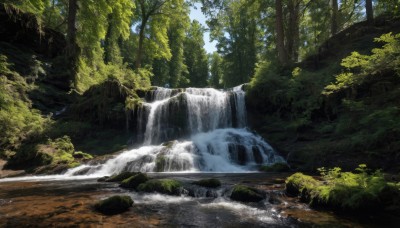 outdoors,sky,day,water,tree,blue sky,no humans,sunlight,nature,scenery,forest,rock,river,waterfall,moss,stream,landscape