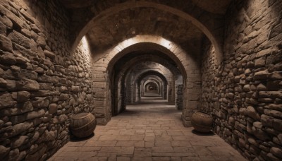 monochrome,indoors,no humans,window,sunlight,scenery,stairs,fantasy,door,wall,brick wall,pillar,arch,barrel,stone floor,stone wall,light rays,brown theme