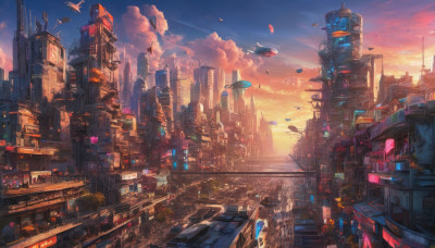 outdoors, sky, cloud, no humans, building, scenery, science fiction, sunset, city, aircraft, road, cityscape, skyscraper, city lights