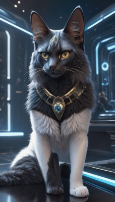 looking at viewer,jewelry,sitting,closed mouth,full body,yellow eyes,solo focus,indoors,no humans,animal,cat,slit pupils,brooch,gem,colored sclera,reflection,black cat,animal focus,yellow sclera,solo,signature,necklace,realistic