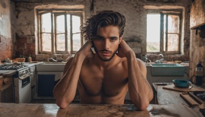 solo,looking at viewer,black hair,1boy,brown eyes,nipples,upper body,male focus,nude,indoors,dark skin,cup,window,muscular,facial hair,table,dark-skinned male,beard,topless male,mirror,realistic,chest hair,kitchen,sink,brown hair,jewelry,closed mouth,day,lips,phone,bottle,mustache,manly,arm hair