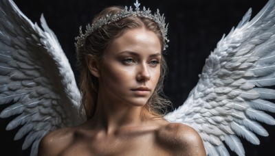 1girl,solo,long hair,blue eyes,blonde hair,simple background,brown hair,closed mouth,collarbone,upper body,nude,wings,lips,tiara,crown,black background,portrait,feathered wings,angel wings,realistic,white wings,angel,bare shoulders