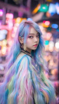 1girl,solo,long hair,looking at viewer,bangs,blue eyes,jewelry,closed mouth,blue hair,upper body,pink hair,multicolored hair,earrings,choker,necklace,blurry,from side,lips,grey eyes,gradient hair,makeup,depth of field,blurry background,lipstick,realistic,nose,bokeh,very long hair,wavy hair